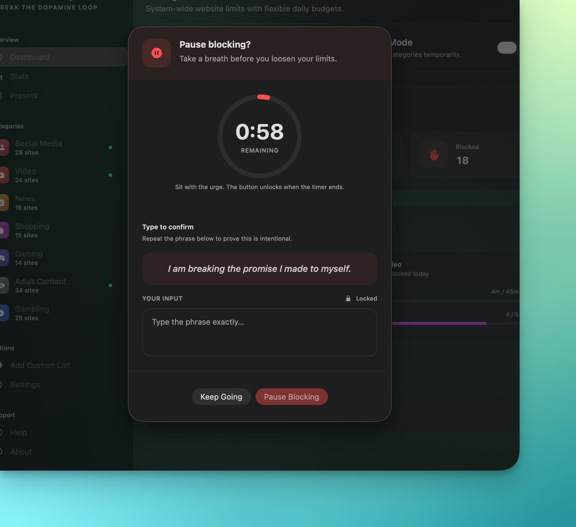 Menu bar focus mode and emergency controls