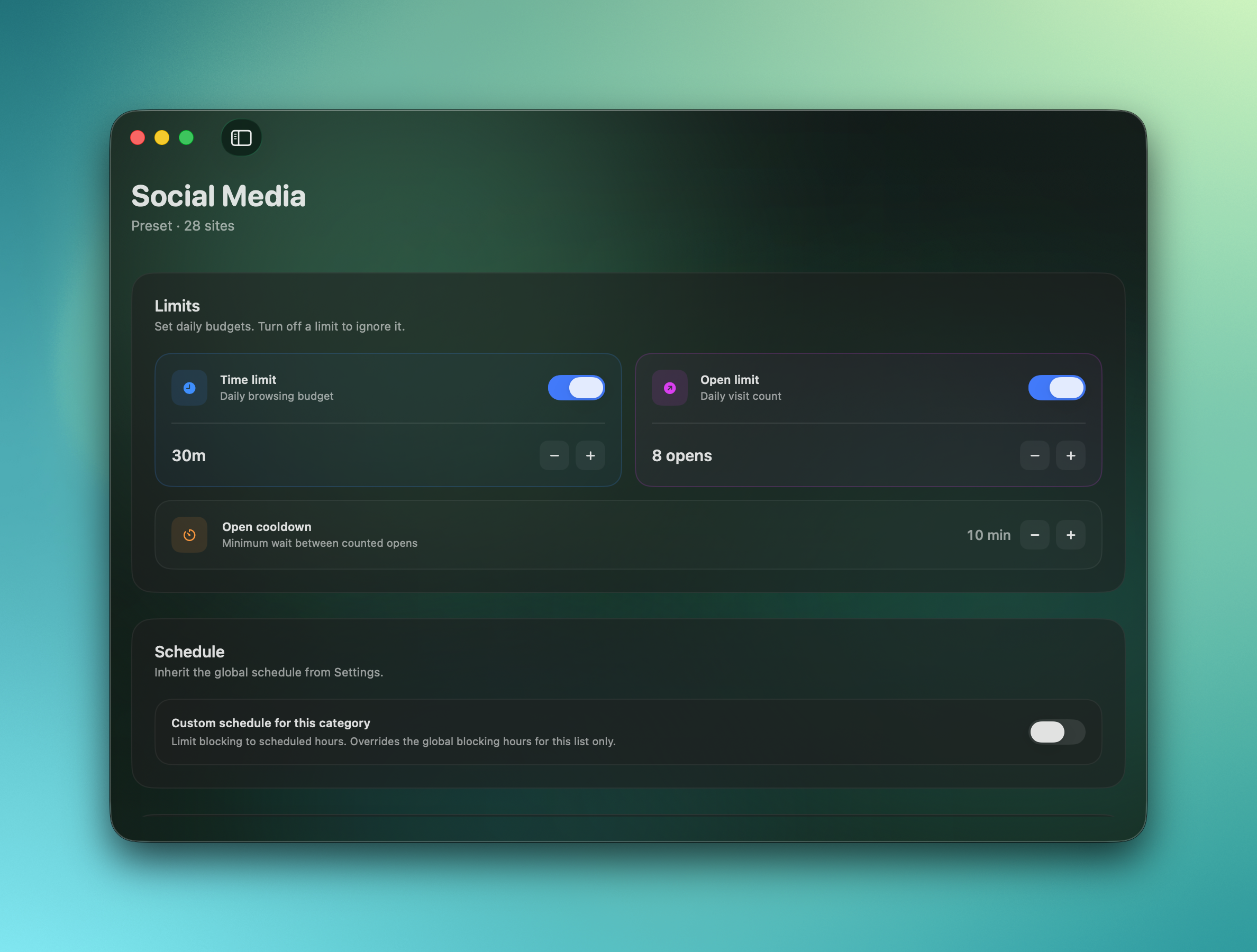 Social Media category limits for time and opens