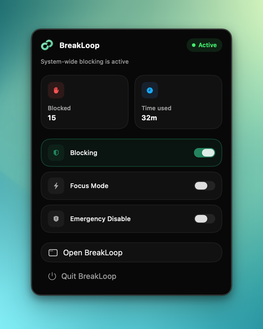 BreakLoop menu bar controls for blocking and focus mode
