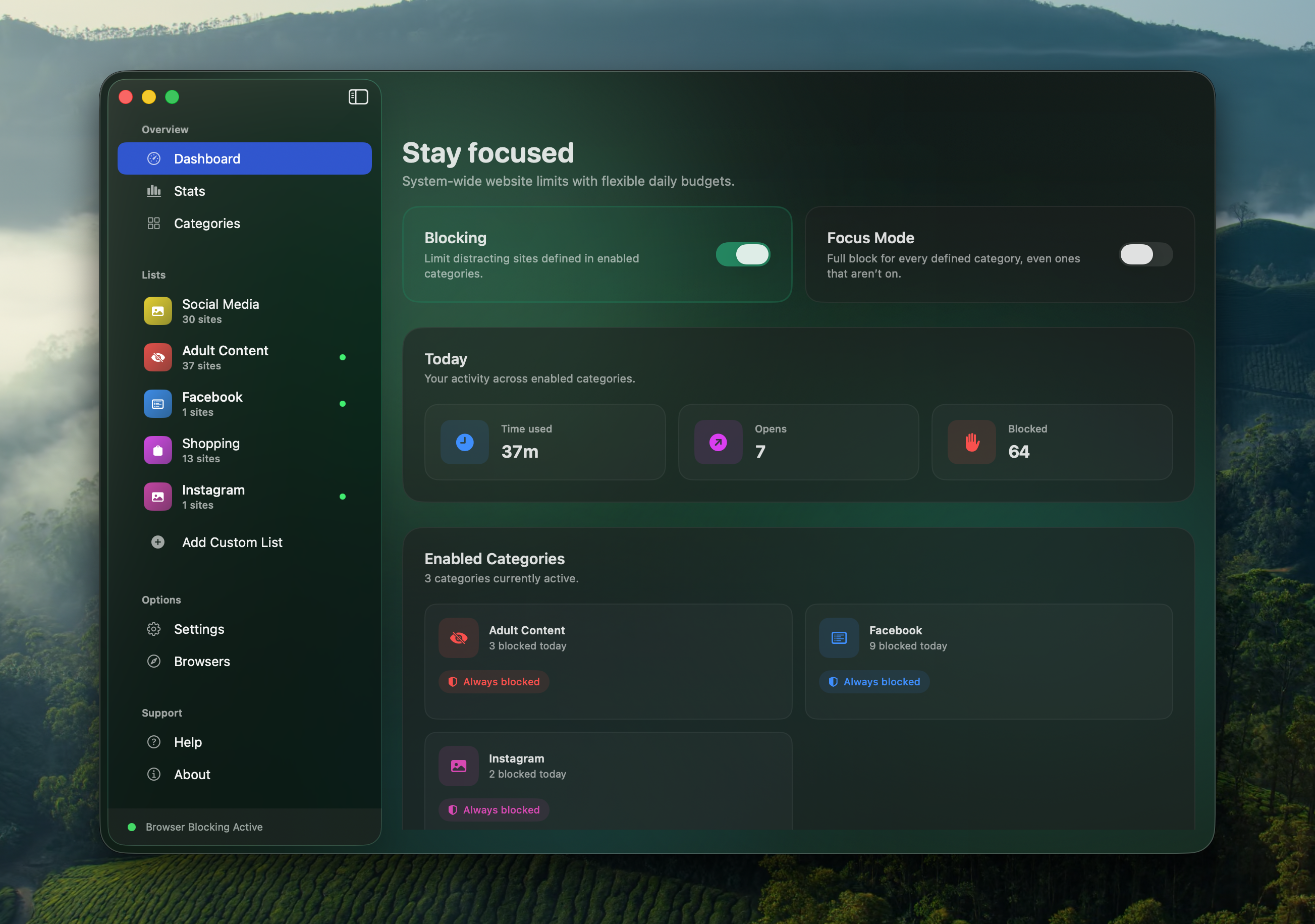 BreakLoop dashboard with blocking toggle and today stats