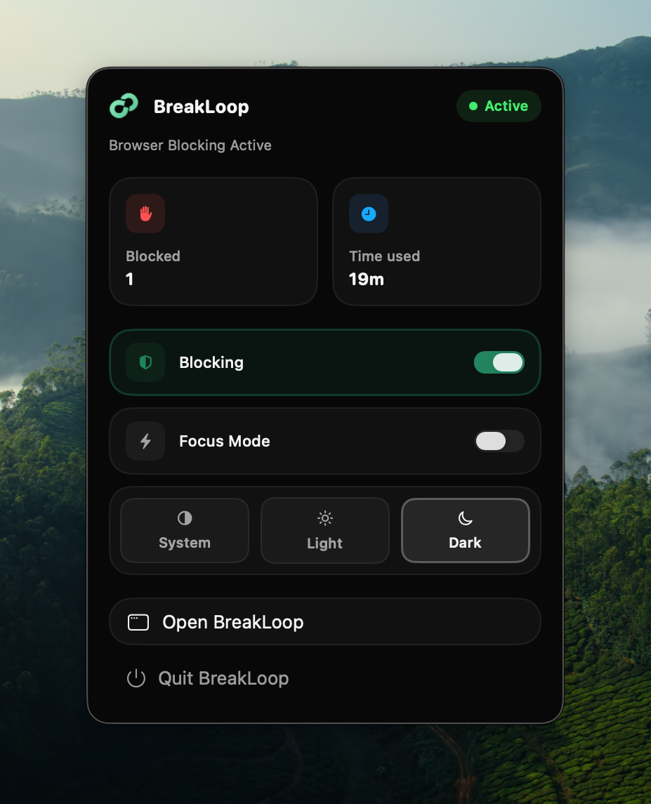 BreakLoop menu bar controls for blocking and focus mode