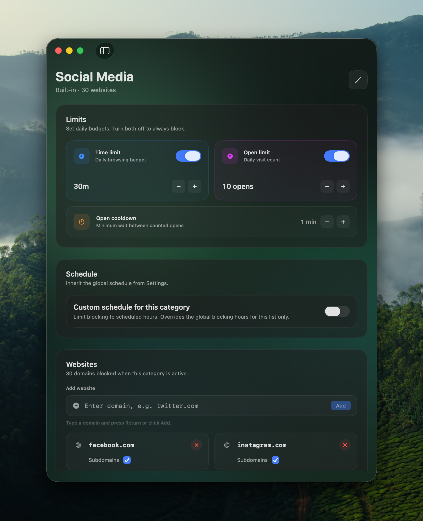 Social Media category limits for time and opens